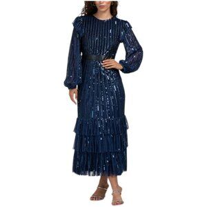 MAC DUGGAL Long Sleeve Sequin Embellished Tea Length Gown